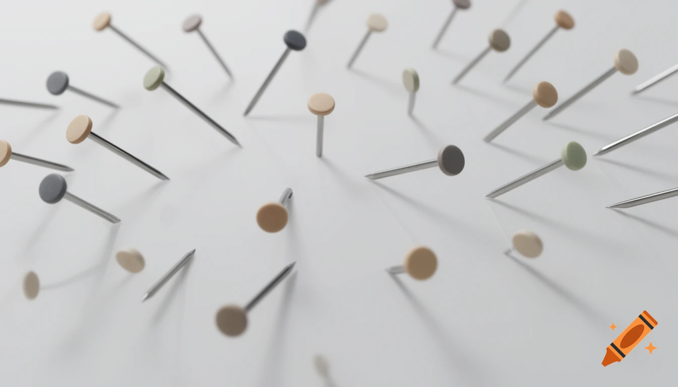 Numerous board pins with multi-colored round heads, including beige, gray, and light green, scattered and stuck into a white surface.