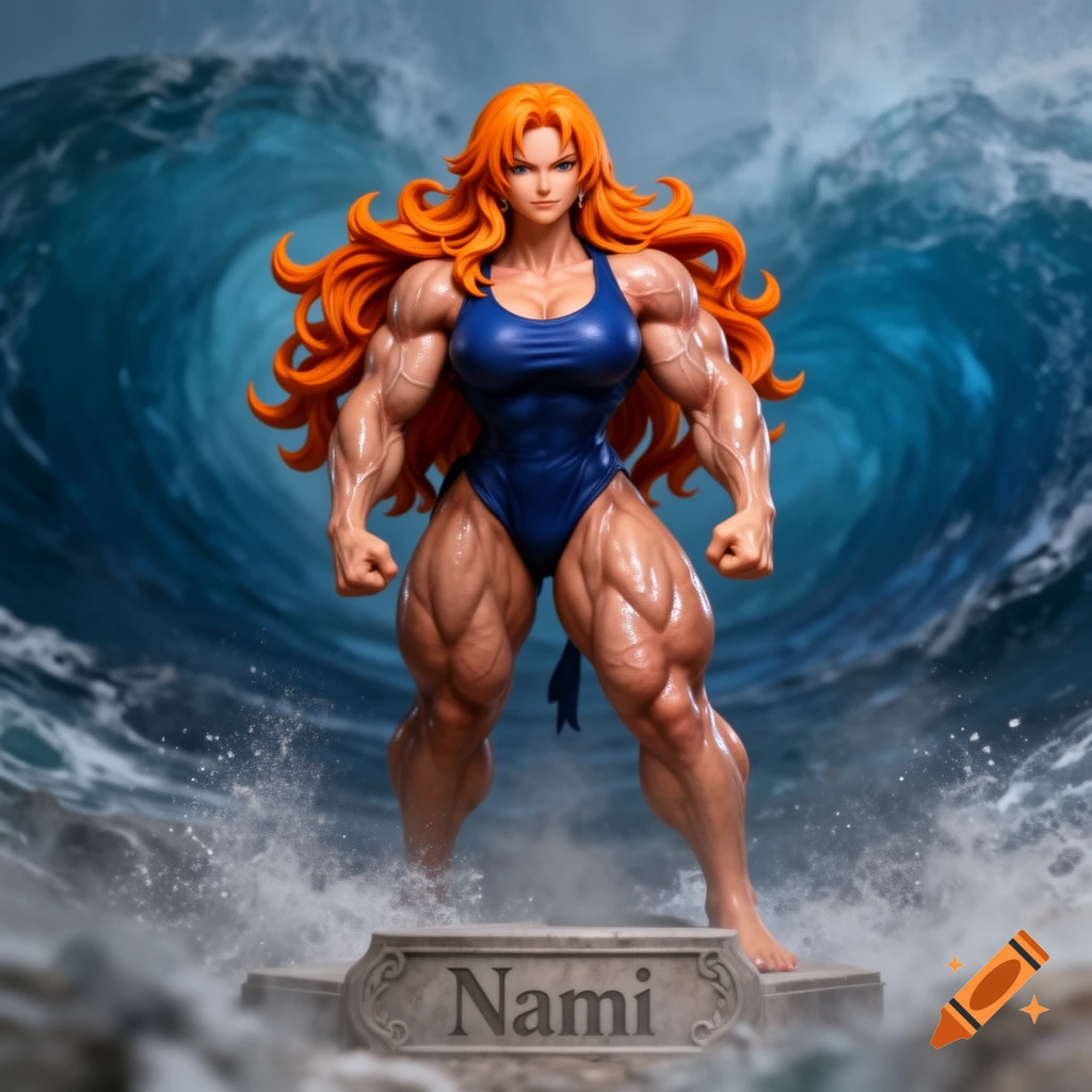 A muscular female character with long orange hair in a blue swimsuit stands on a pedestal in front of a massive wave, rendered as a detailed figure.