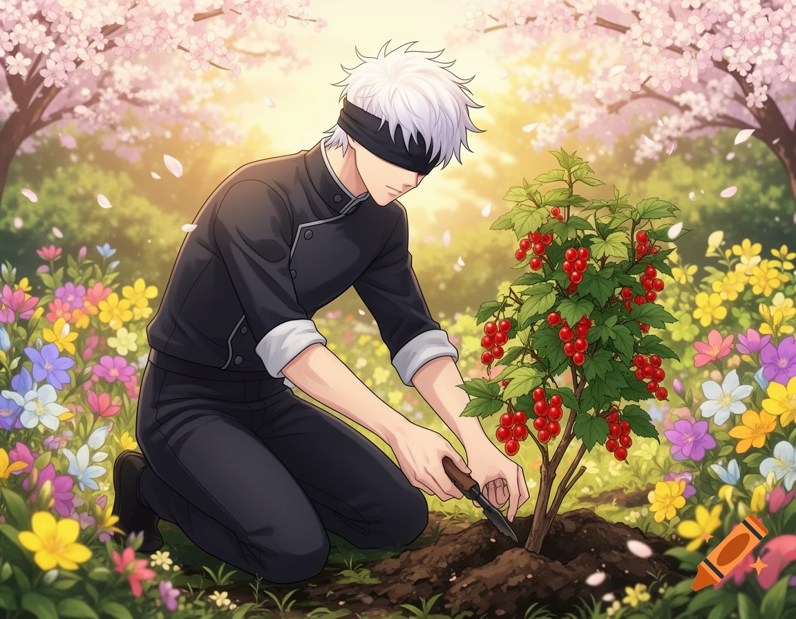 Anime character Satoru Gojo planting a red currant bush in a vibrant spring garden with cherry blossoms and wildflowers.