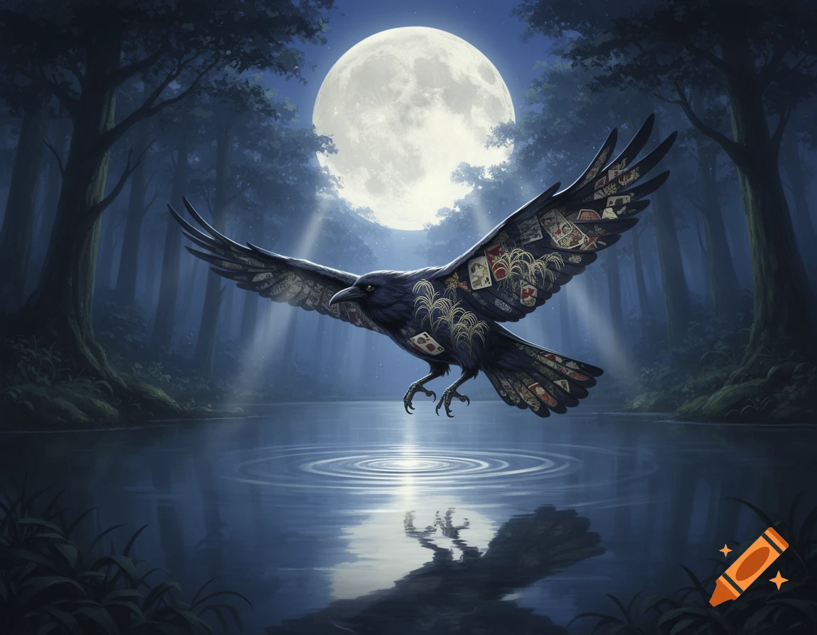 A mystical three-legged Yatagarasu crow with Hanafuda patterns flies over a calm lake in a dark forest, illuminated by a large full moon.