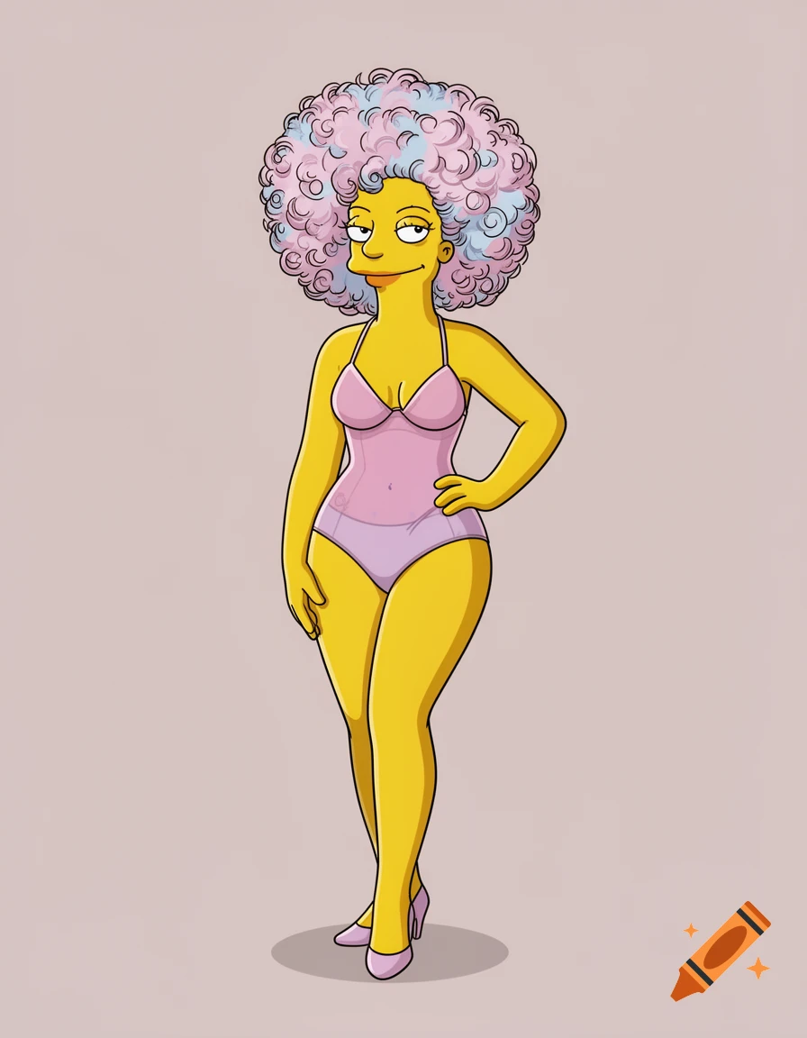 A cartoon woman with yellow skin, large curly pink and blue hair, wearing a pink one-piece swimsuit and purple heels, posing against a light background.