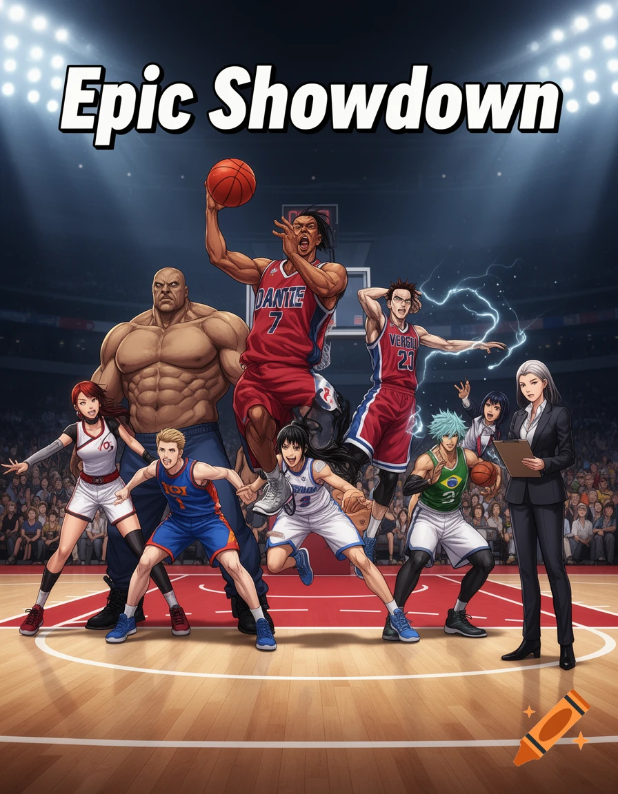 Anime-style characters, including basketball players and coaches, pose on a court under stadium lights with 'Epic Showdown' text.