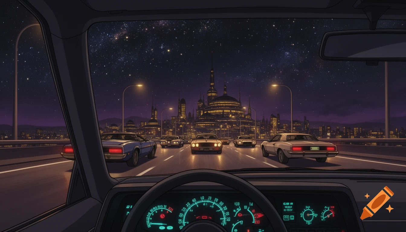 First-person view from a car at night, dashboard visible, driving on a highway towards a futuristic city with domed buildings and spires, with vintage muscle cars in a retro anime style.