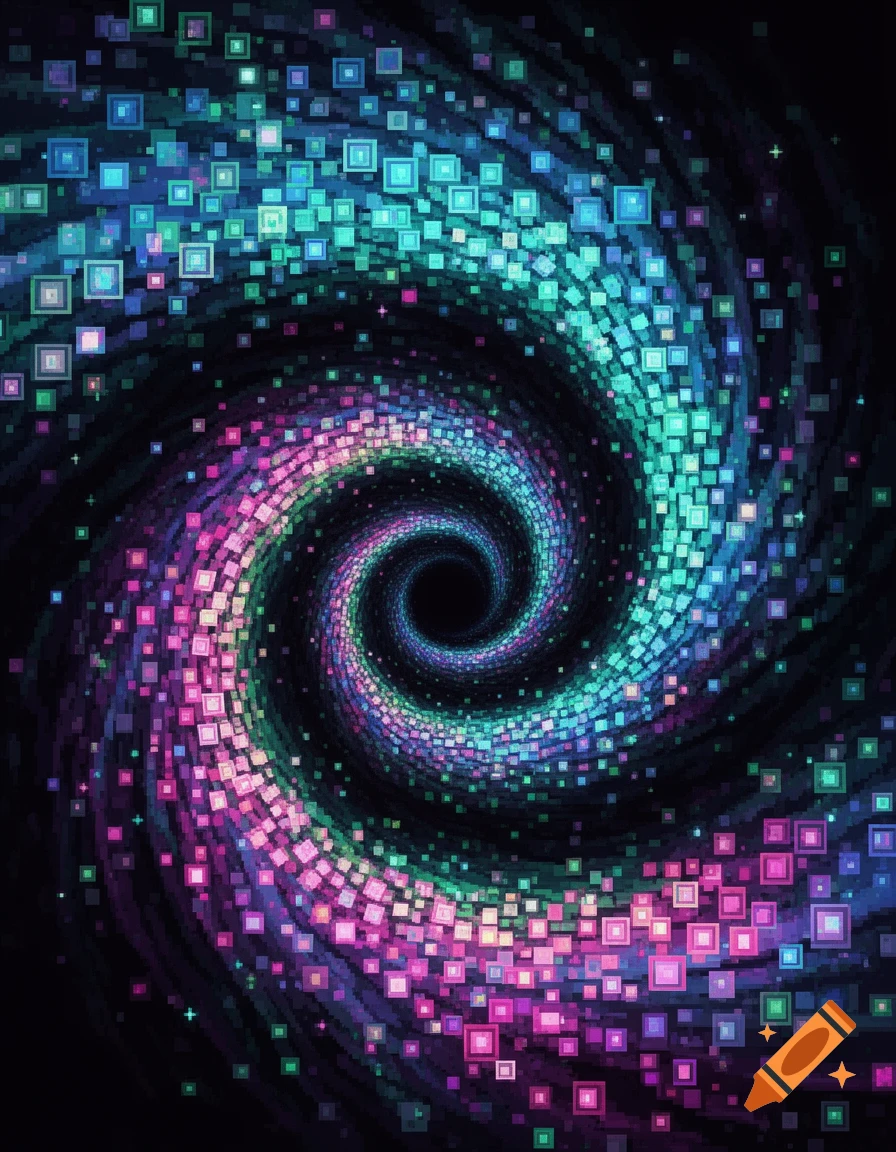A vibrant pixel art spiral, with blue, green, and pink squares swirling into a central black void.
