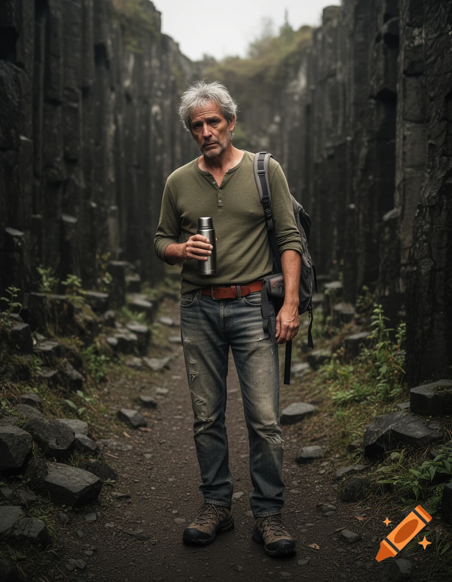 A contemplative 63-year-old man with salt-and-pepper hair, holding a thermos and wearing a backpack, stands on a rocky hiking trail.
