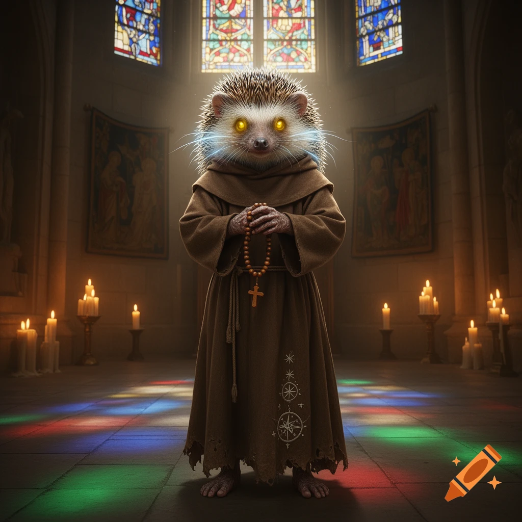 A hedgehog wearing a friar's robe with glowing eyes stands in a candlelit church with stained glass windows.