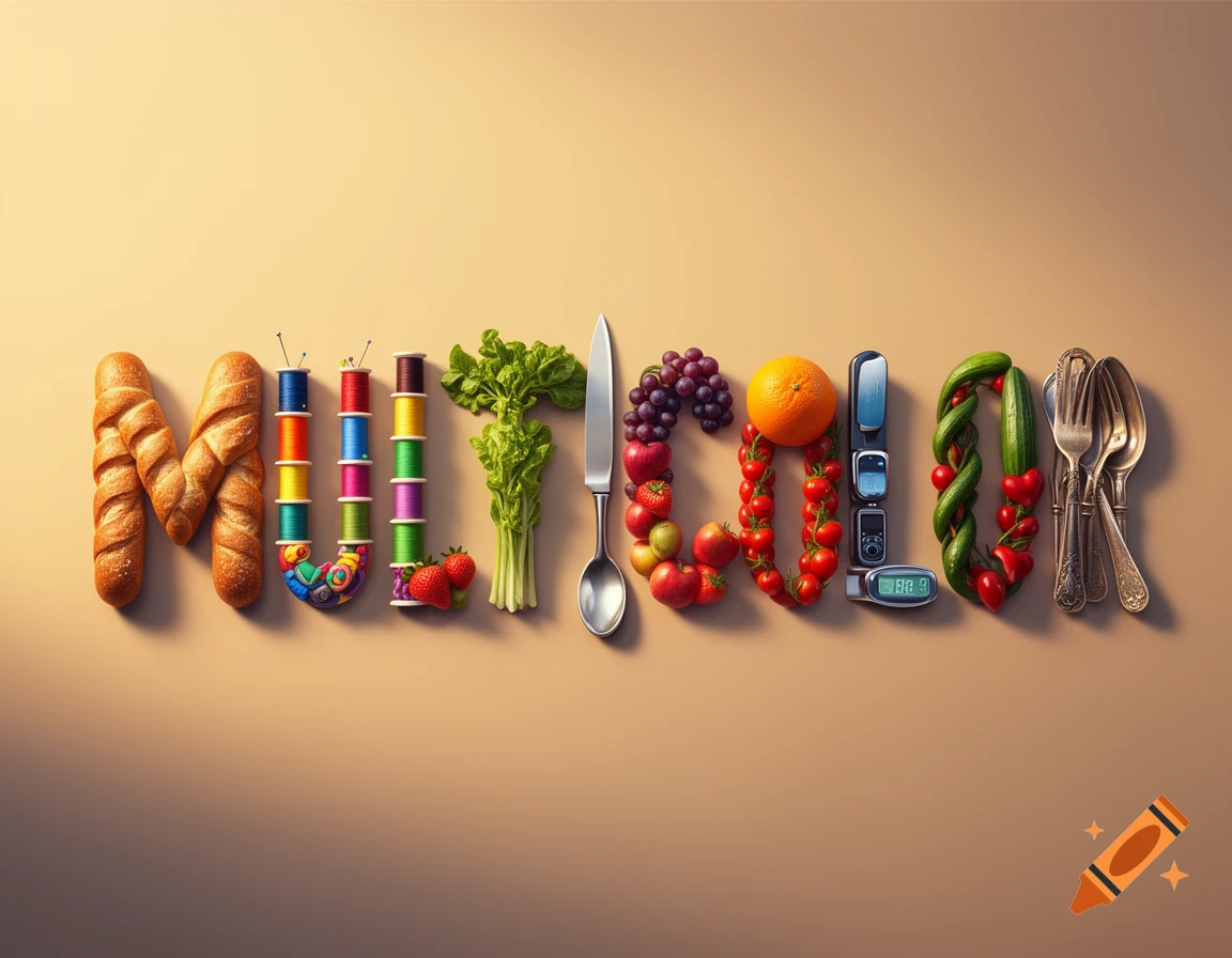 The word 'MULTICOLOR' spelled out with bread, colorful spools, fruits, vegetables, cutlery, and tech items on a beige background.