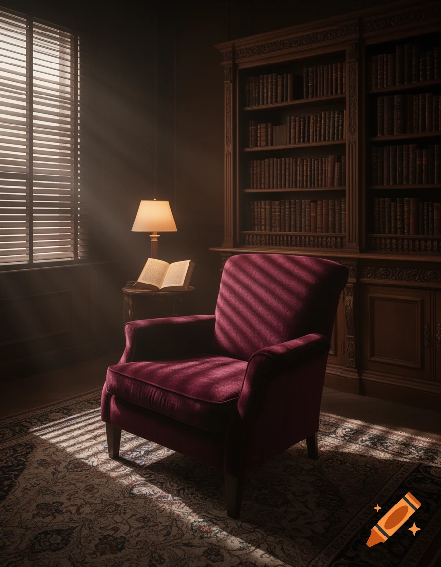 A dimly lit study room with a red velvet armchair, an open book on a table, a tall bookshelf, and sunlight streaming through window blinds.