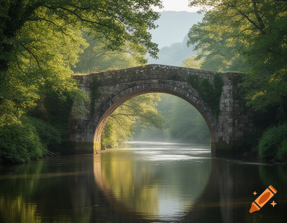 Photorealistic image of a stone arch bridge over a calm river ...