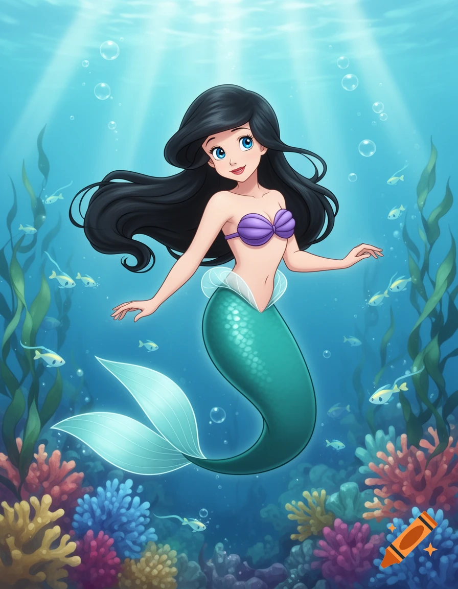 A cartoon mermaid with long black hair and blue eyes swims gracefully underwater among colorful coral, seaweed, and fish.
