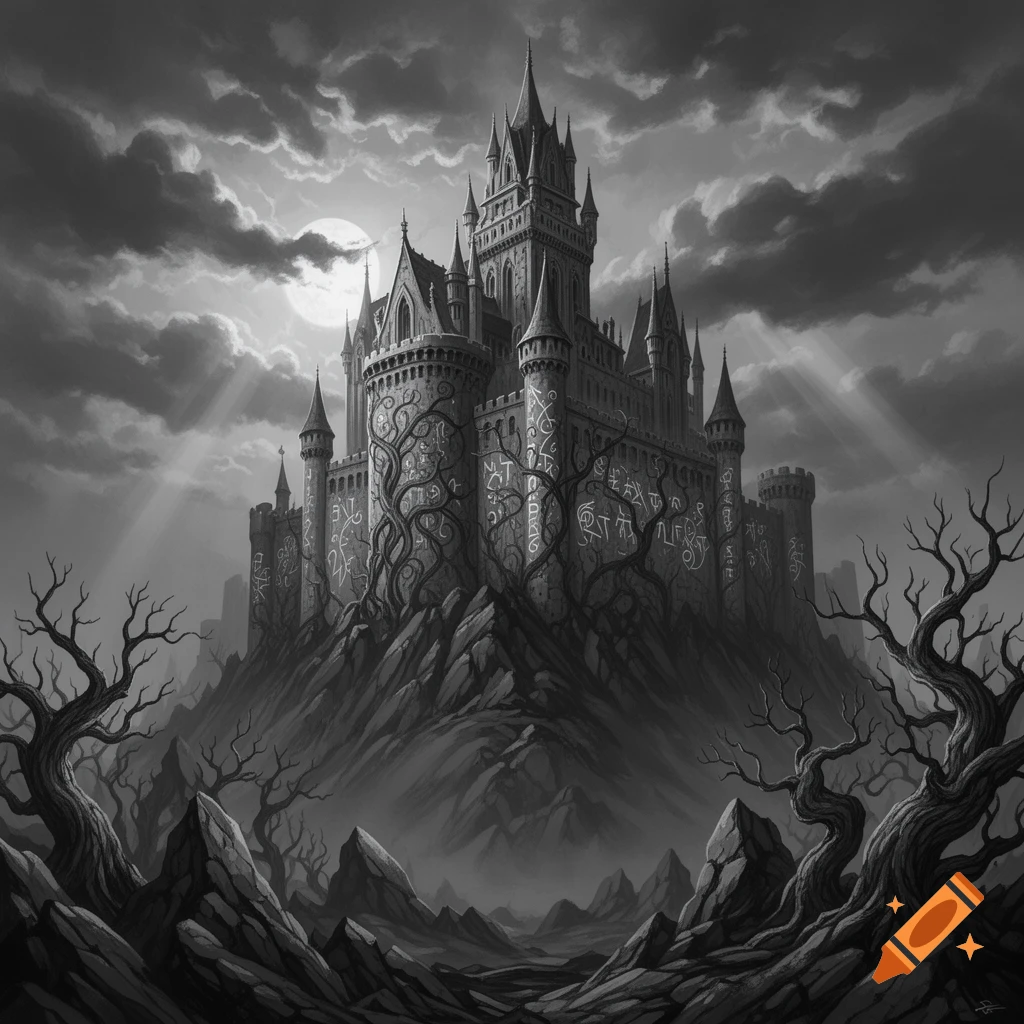 A dark, gothic fantasy castle covered in gnarled vines and ancient runes, under a cloudy, moonlit sky in a black and white art style.