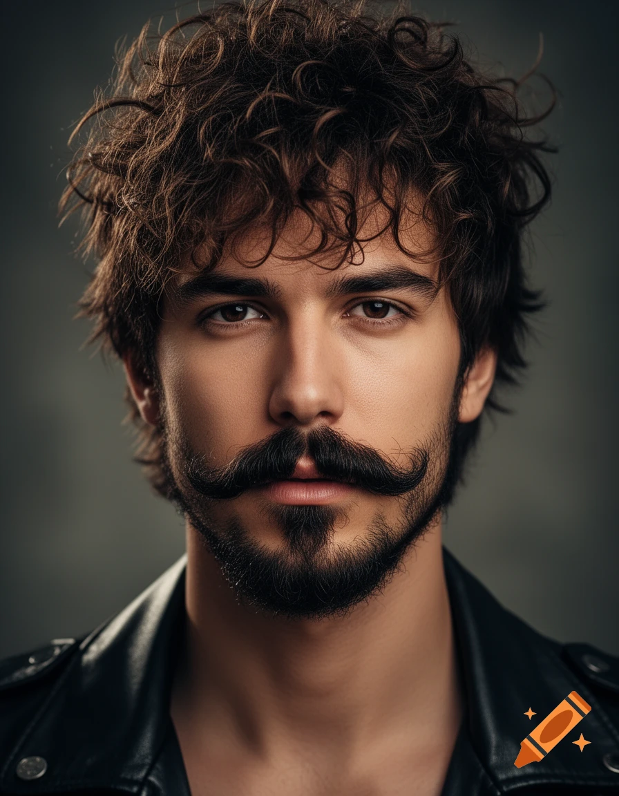 Photorealistic portrait of a man with curly brown hair, a thick mustache, and a beardstache, wearing a black leather jacket.