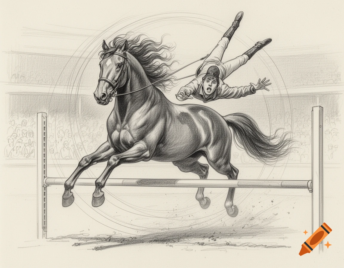 Pencil drawing of a horse jumping a bar, with its rider falling off, in an arena with a crowd.