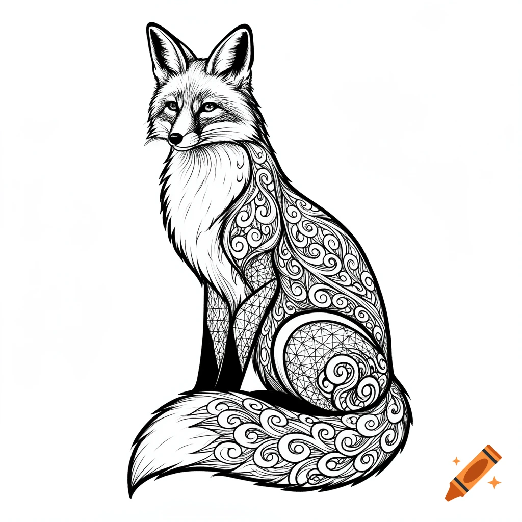 A black and white zentangle line art drawing of a sitting fox, detailed with swirling patterns on its body.