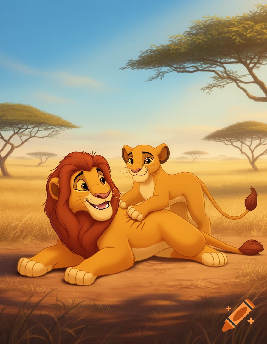 An animated adult lion lies down while a cub playfully tickles its back in a savanna landscape.