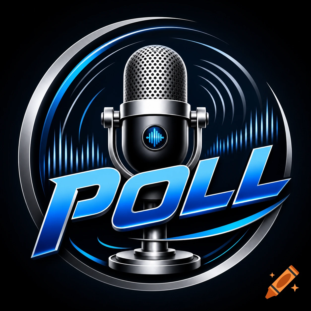 A blue and silver logo of a vintage microphone with glowing blue sound waves and the word 'POLL' beneath it.