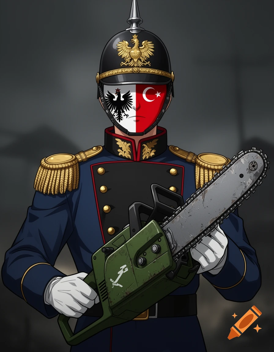 An anime-style character with a Prussian and Turkish flag face, wearing a Prussian military uniform and Pickelhaube helmet, holding a green chainsaw.