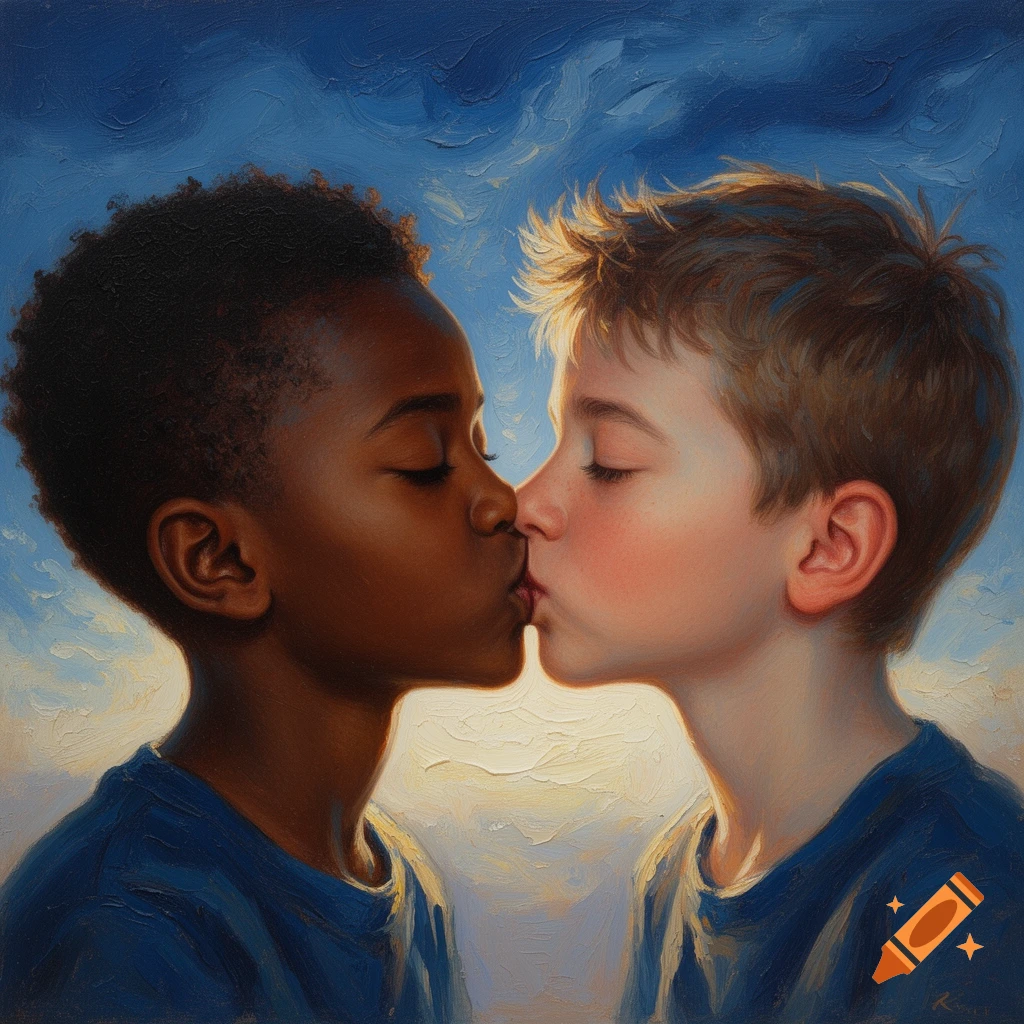 Oil painting of a Black boy and a white boy kissing with closed eyes, against a bright blue sky.