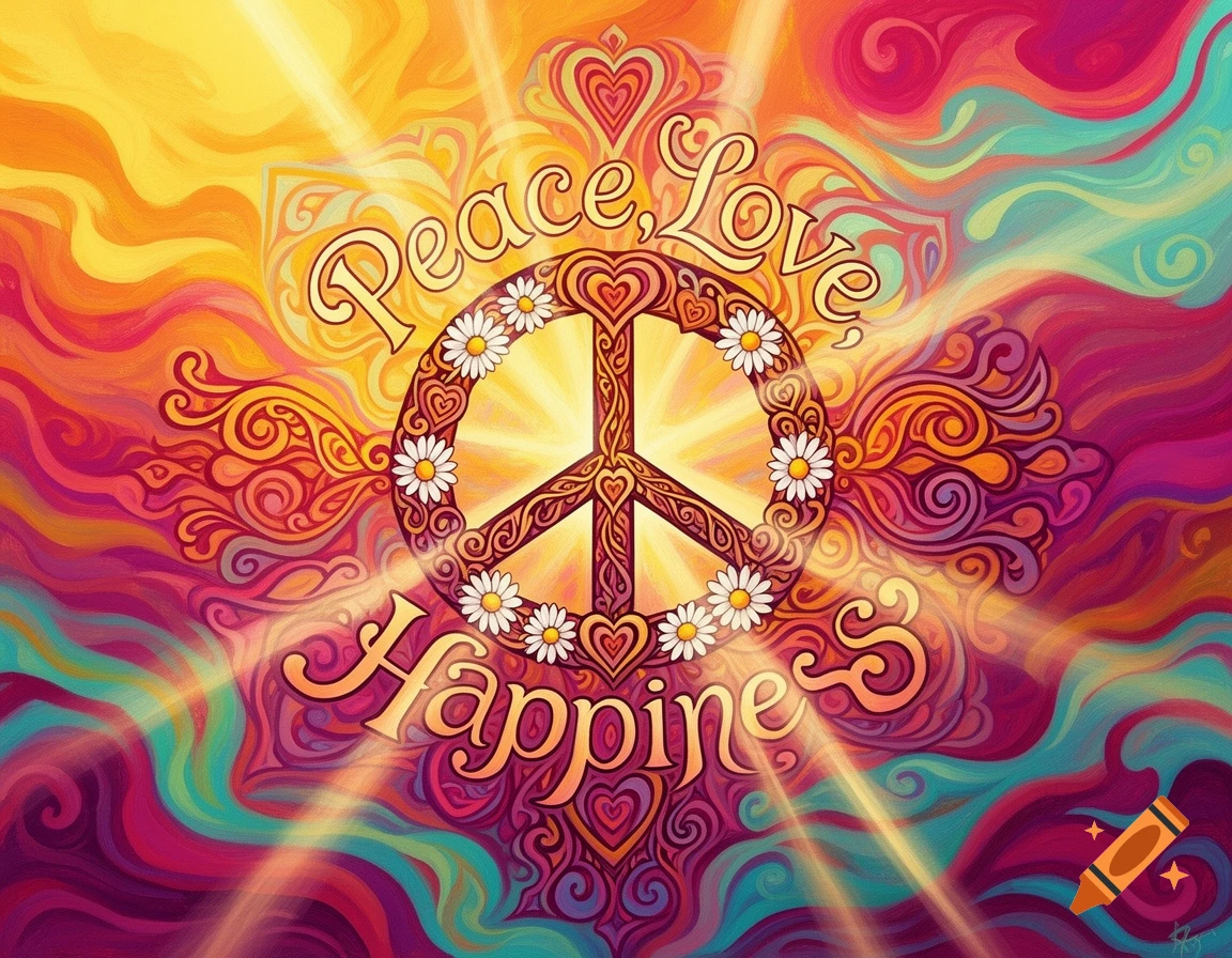 A vibrant, groovy psychedelic painting of a peace sign adorned with daisies, surrounded by swirling colors and the words 'Peace, Love, Happiness'.