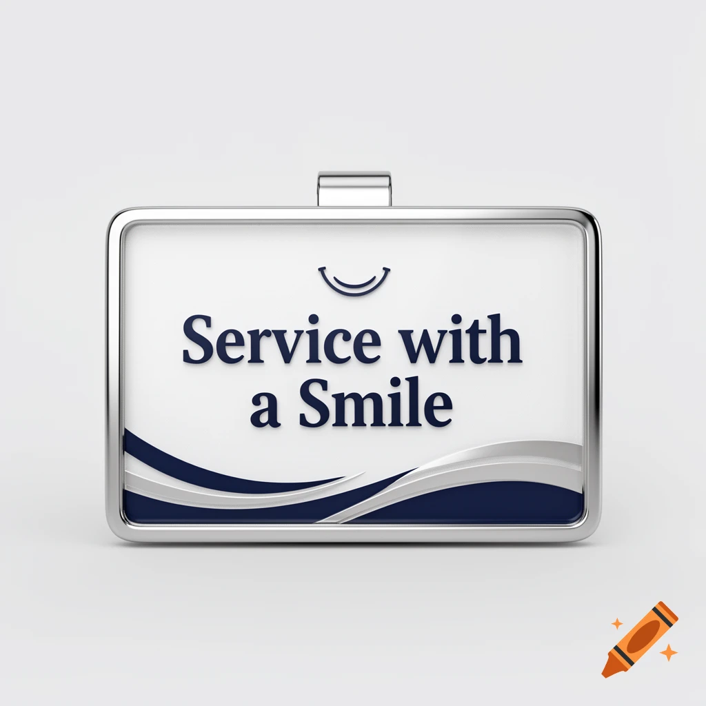 A silver-framed white badge with 'Service with a Smile' in dark blue text, a smile icon, and blue and silver wave patterns.