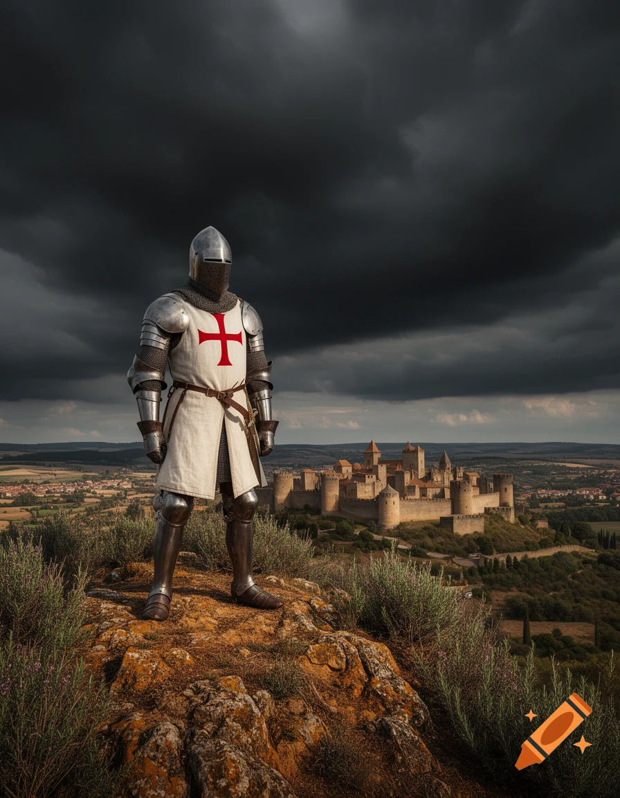 A hyper-realistic medieval knight in full armor with a red cross on his surcoat stands on a rocky hill overlooking a fortified castle under a stormy sky.