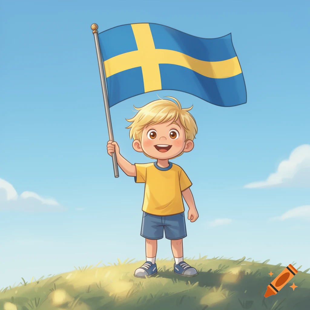 A cartoon boy with blond hair, wearing a yellow shirt and blue shorts, smiles while holding a Swedish flag on a grassy hill.