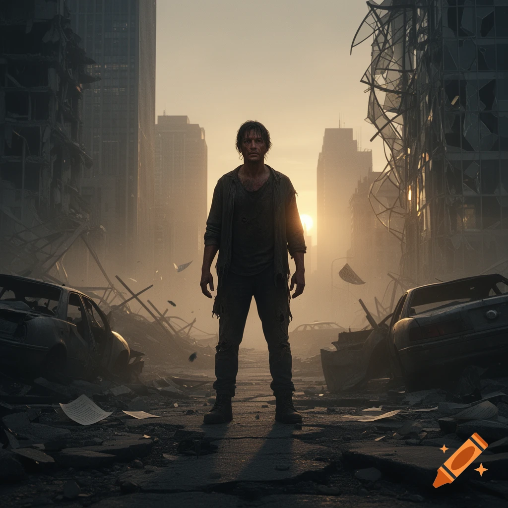 A lone, weary man stands in the ruins of a destroyed city at sunset, surrounded by rubble, broken cars, and collapsed buildings. Photorealistic.