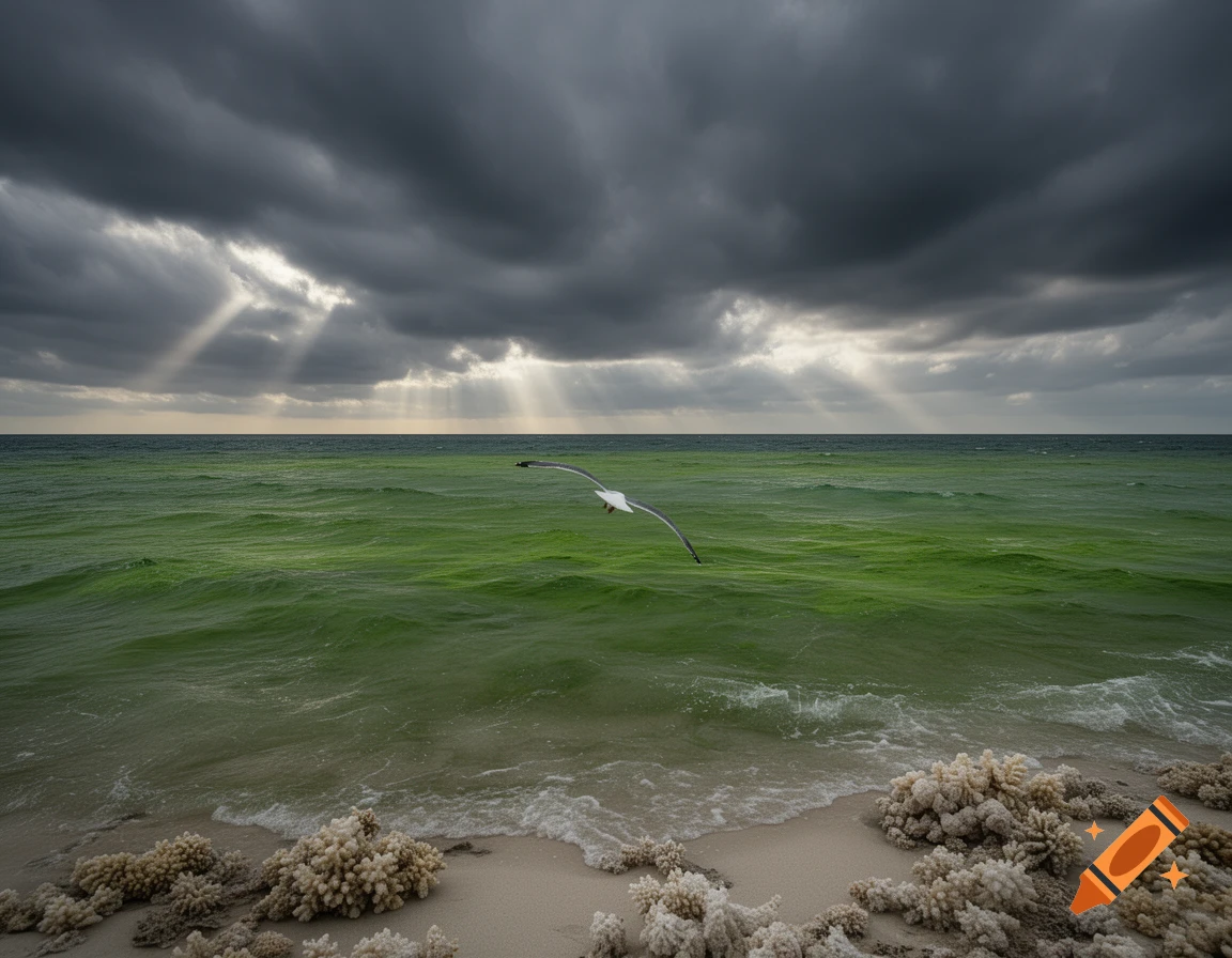 Dramatic seascape with dark stormy clouds and sun rays, a seagull flying over green ocean, white coral on sandy shore.