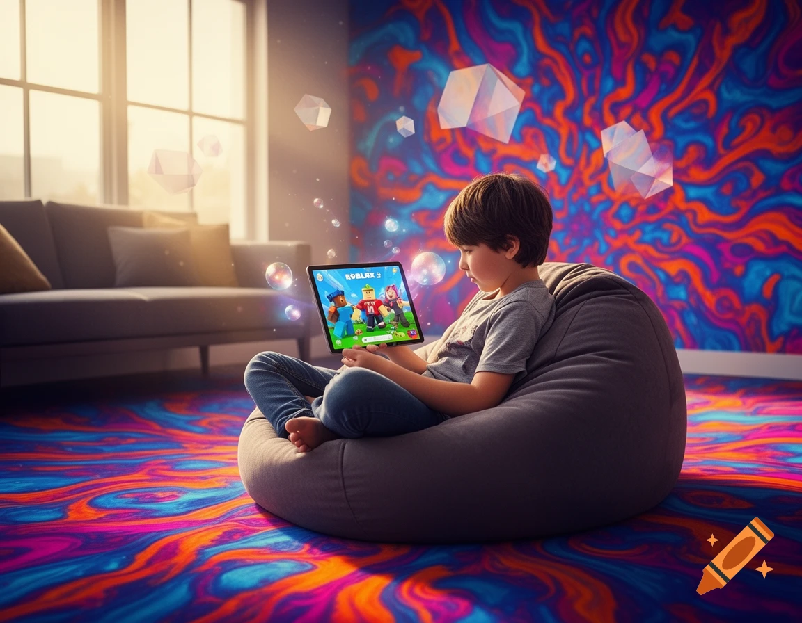 A child sits on a beanbag chair, playing Roblox on a tablet against a vibrant, swirling psychedelic wall and floor.