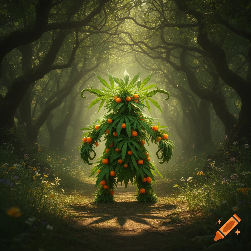 A fantasy creature made of green marijuana leaves and orange fruits stands on a forest path with sunbeams.