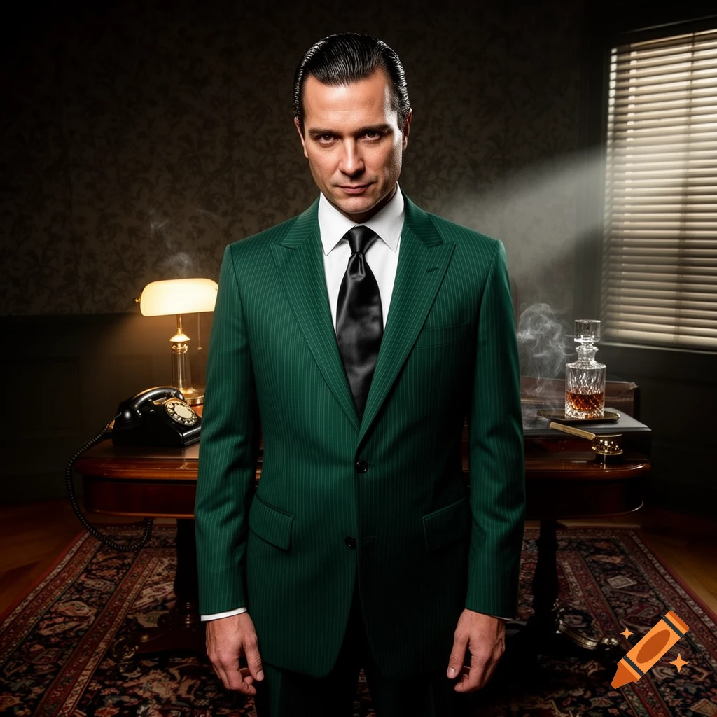 A man in a pinstripe green suit and black tie stands in a dimly lit vintage office with a desk, telephone, and decanter.
