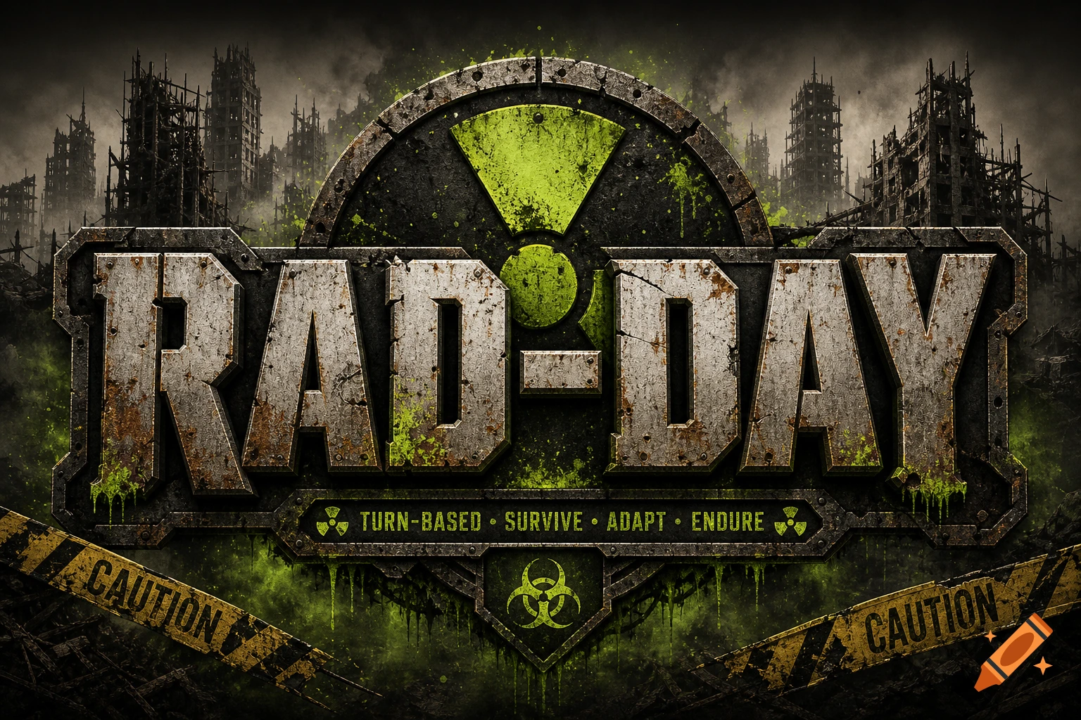 Gritty post-apocalyptic game logo for 'RAD-DAY' with a radioactive symbol, distressed metal texture, and ruined city background.