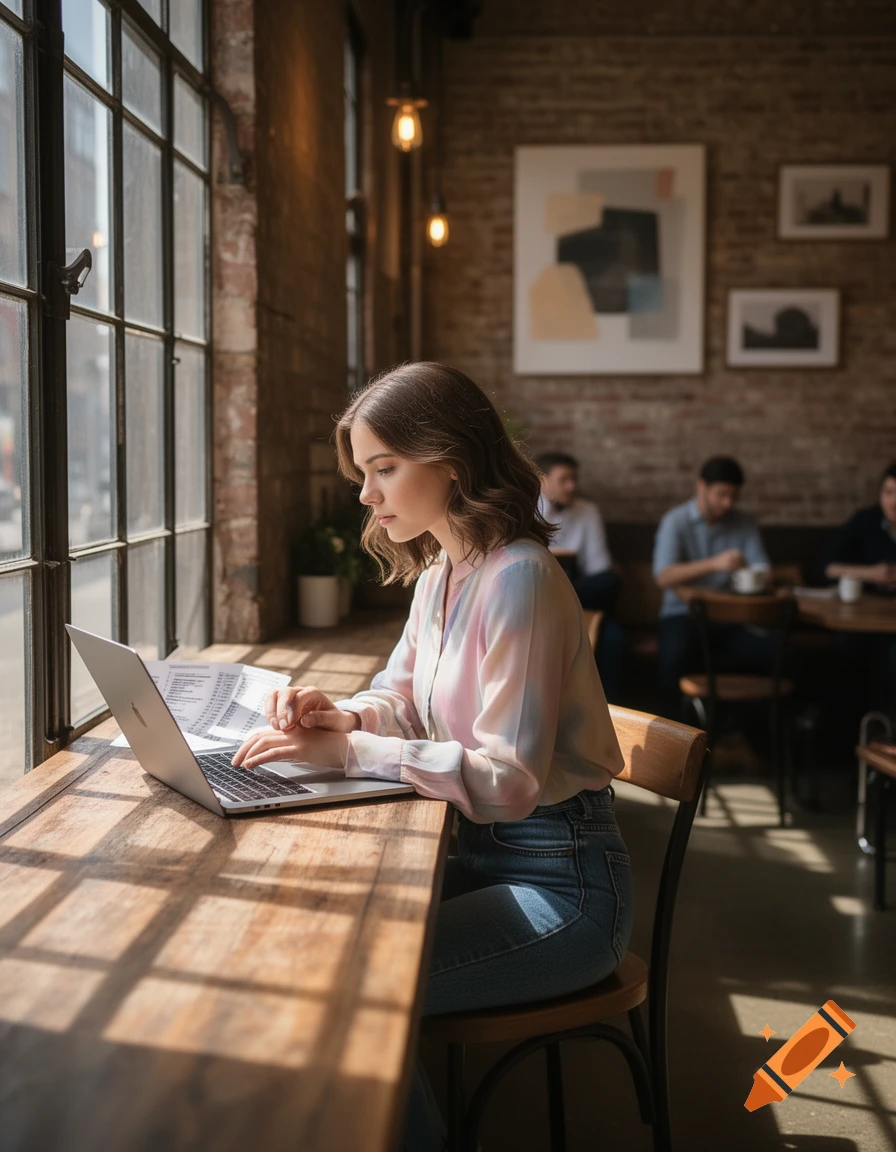 A woman works on a laptop and documents at a sunny cafe table by a large window, with other patrons in the background.