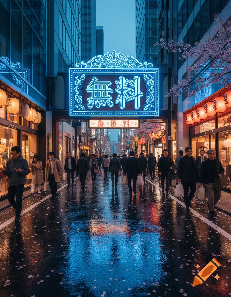 A photorealistic image of a wet street in a Japanese city at dusk, with pedestrians walking, neon signs, and cherry blossoms.