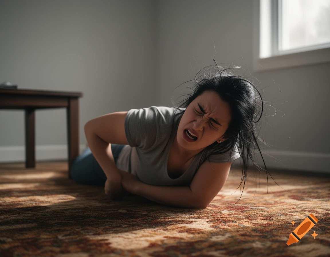 A distressed woman lies on a patterned carpet, grimacing in pain, possibly having a seizure in a dimly lit room.