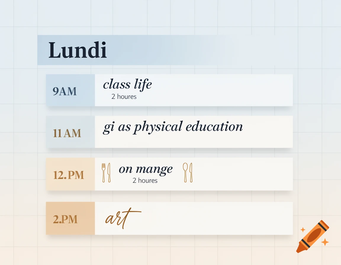 A minimalist schedule for Monday with time slots for class life, gi as physical education, lunch, and art against a light grid background.
