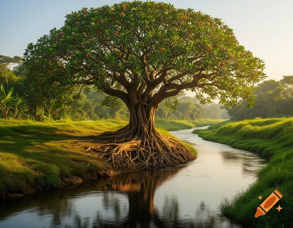 A majestic tree with large exposed roots next to a winding river, surrounded by green grass at golden hour.
