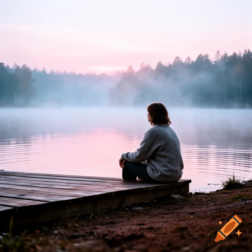 A person sits on a wooden dock by a misty lake at sunrise, with a forest in the background.