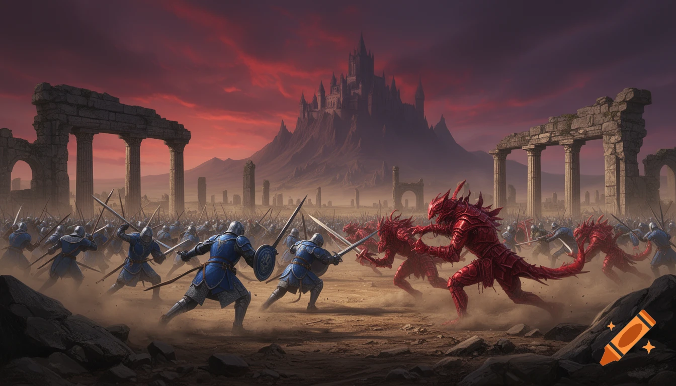 A medieval fantasy battle between blue-armored knights and red monstrous creatures in a ruined wasteland with a distant castle under a red sky.