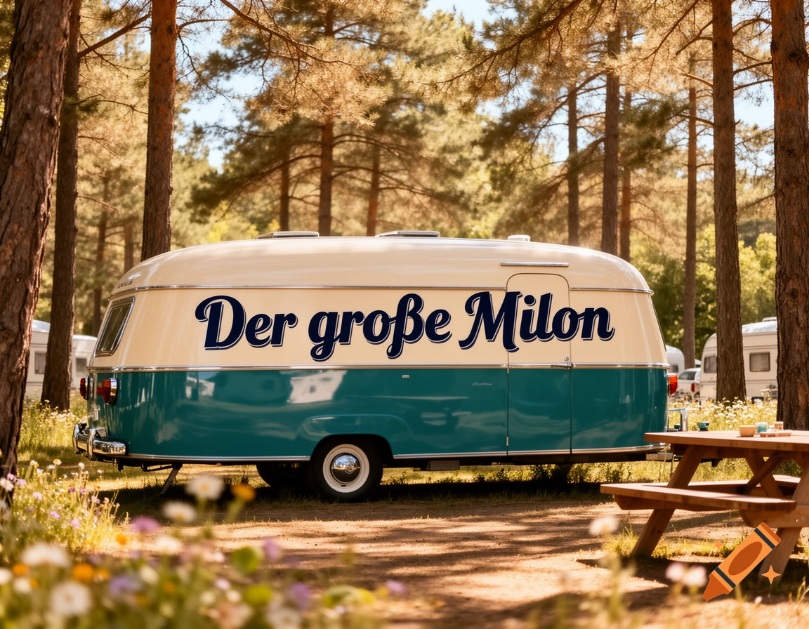 A vintage two-tone camper, cream and teal, with 'Der große Milon' written on its side, parked in a sun-dappled pine forest with a picnic table.