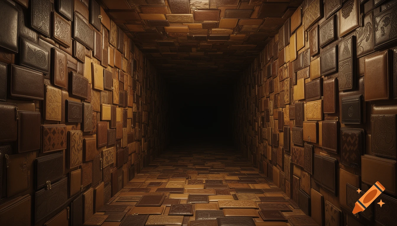 A long hallway with walls, floor, and ceiling covered in an array of brown leather wallets, receding into darkness.