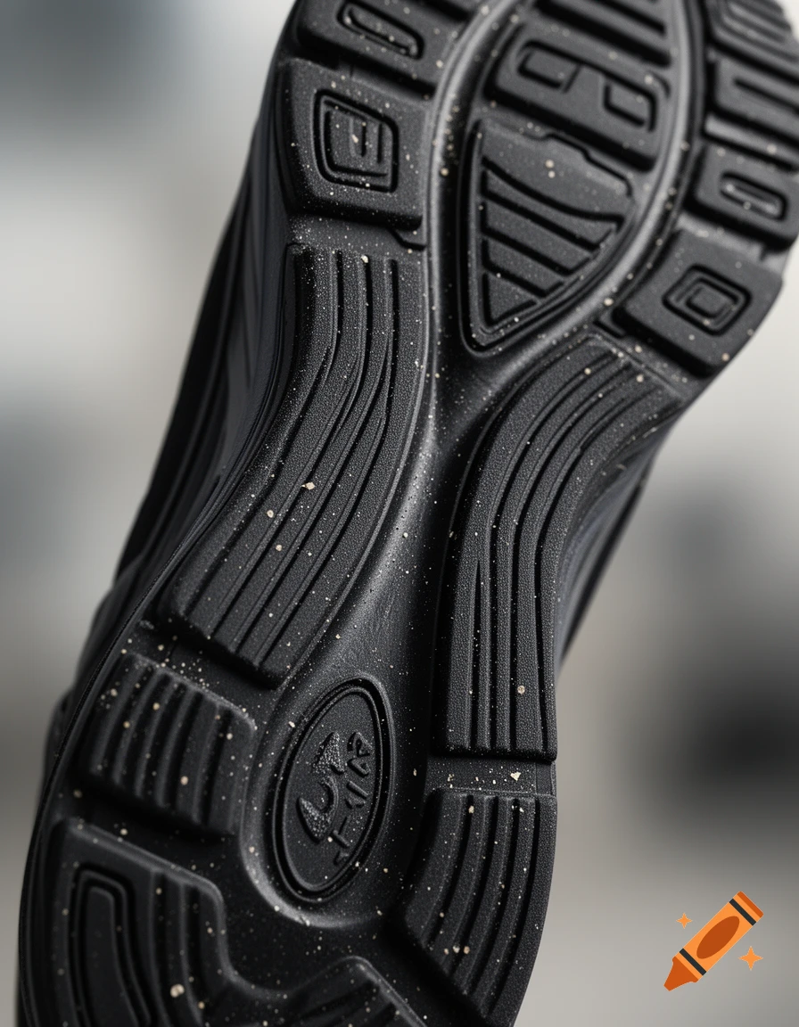 A close-up, high-angle shot of the black sole of a sneaker, showing detailed grip patterns and small specks.