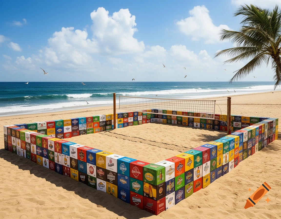 A beach volleyball court on a sandy beach, with its perimeter constructed from stacks of colorful beer boxes, under a bright blue sky.