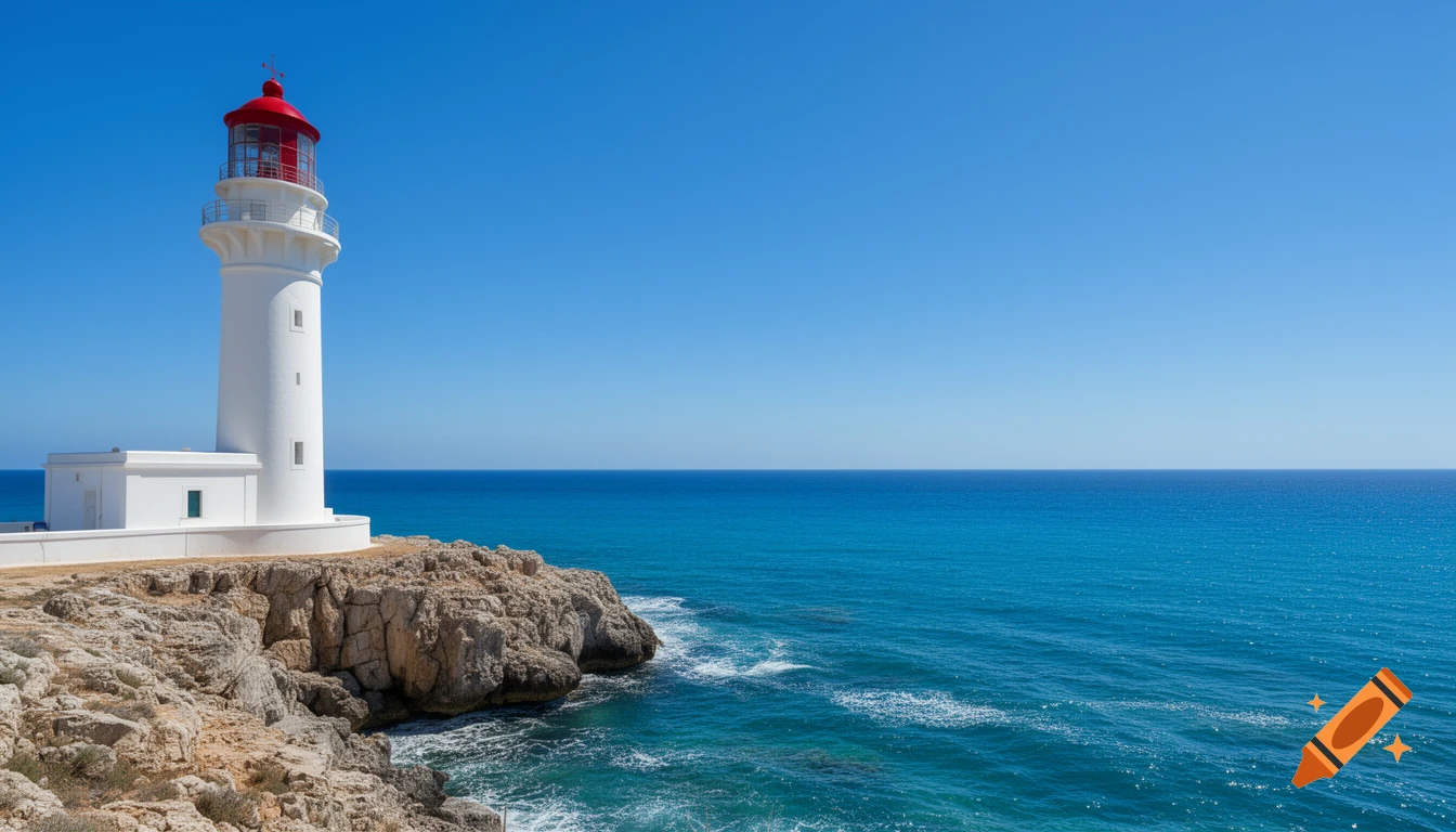 Photorealistic white lighthouse with a red cap on a rocky cliff overlooks the clear blue Mediterranean Sea.