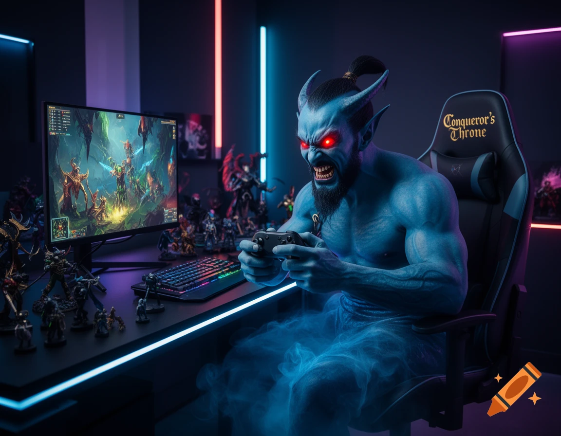 A furious blue-skinned Djinn with glowing red eyes plays a video game on a PC, surrounded by miniatures and neon lights.