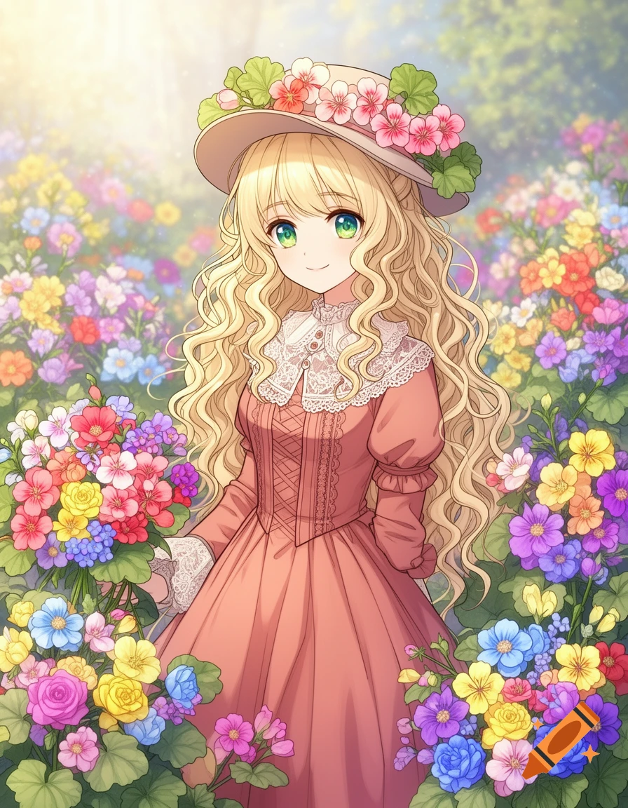 Anime girl with blonde hair and green eyes in a Victorian dress and flower hat, holding a bouquet in a colorful garden.