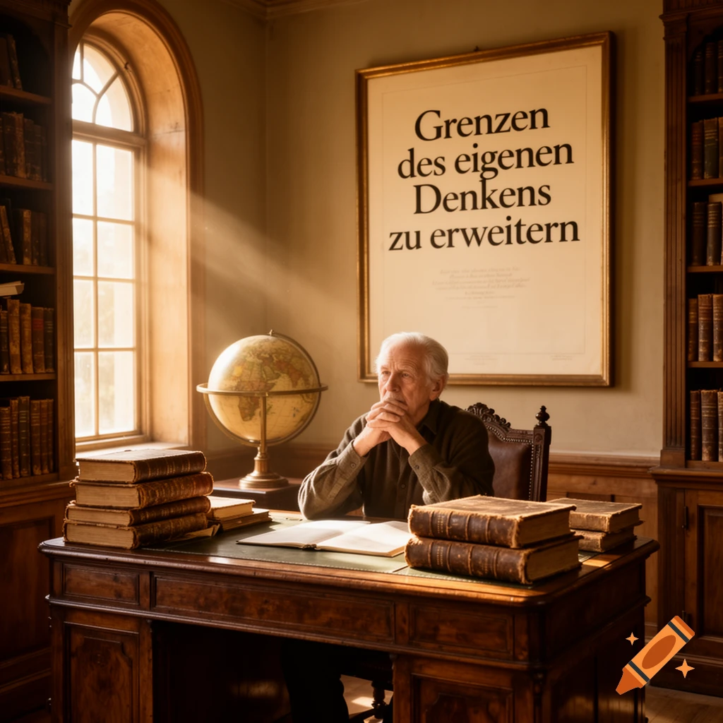 A thoughtful old man sits at a desk in a sunlit library, surrounded by books and a globe, with a German quote poster.