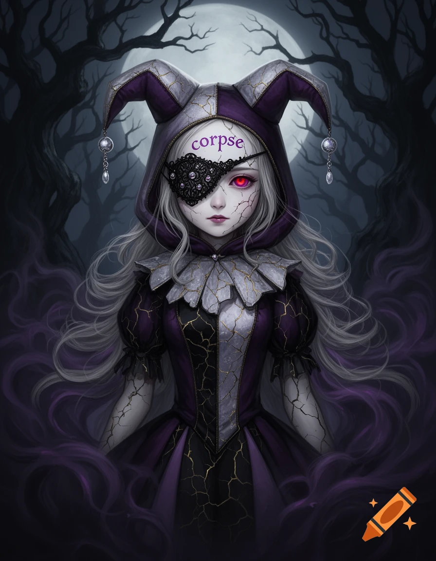 A gothic jester girl with cracked porcelain skin, one glowing red eye, a lace eyepatch, and 'corpse' on her forehead, against a dark forest.