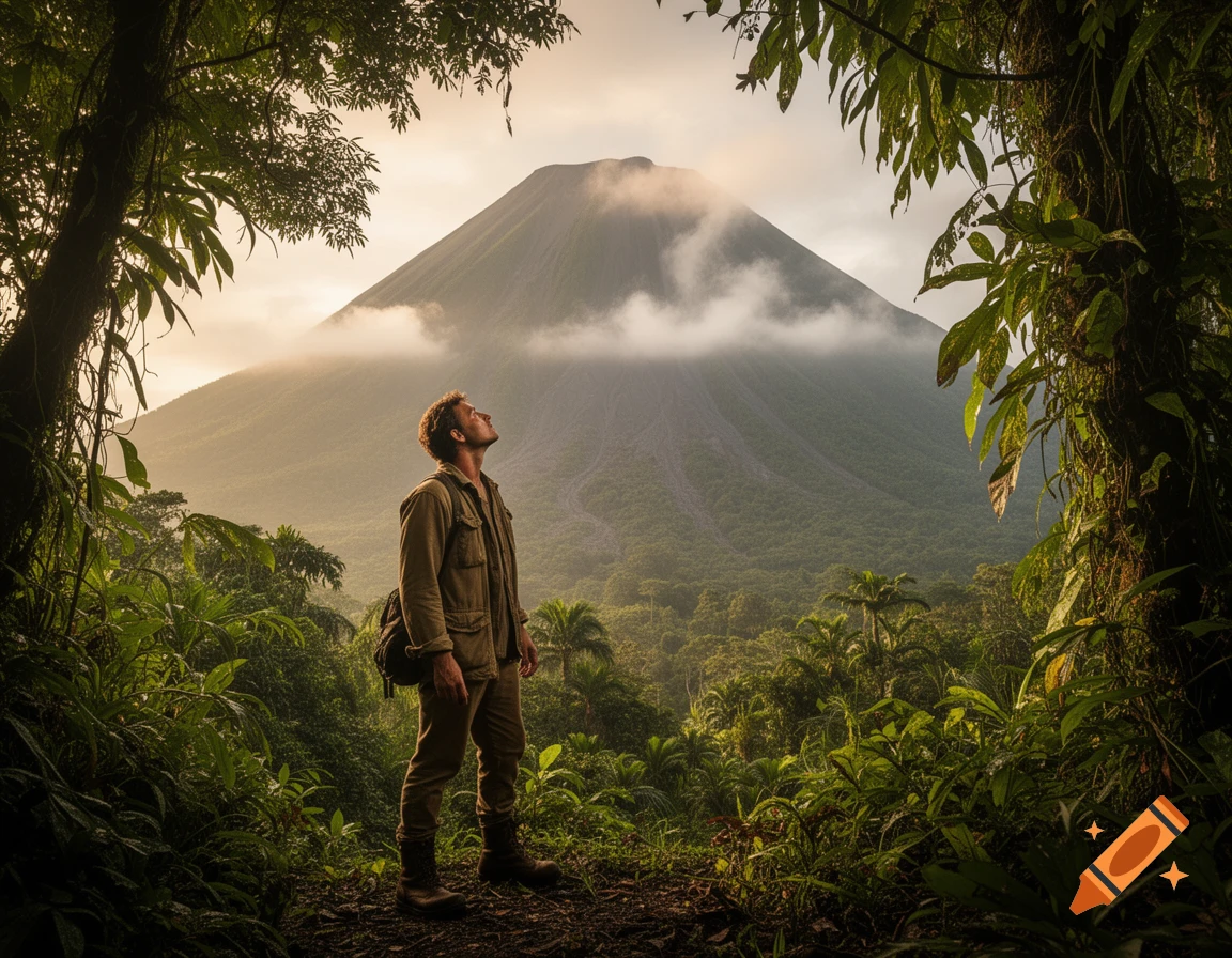 An explorer looks up at a large volcano rising above a misty tropical jungle.
