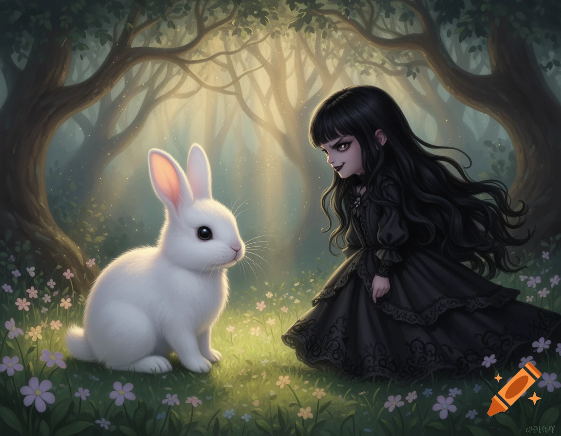 An innocent white rabbit faces a sinister girl in a black dress in an enchanted forest with sunbeams and flowers, in a fairy tale style.